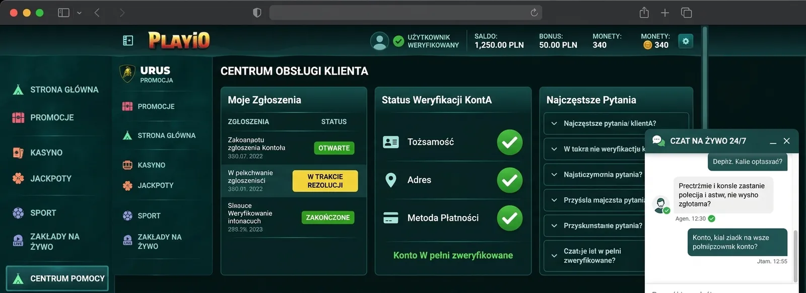 Panel kontaktu z biurem obsługi klienta PlayiO